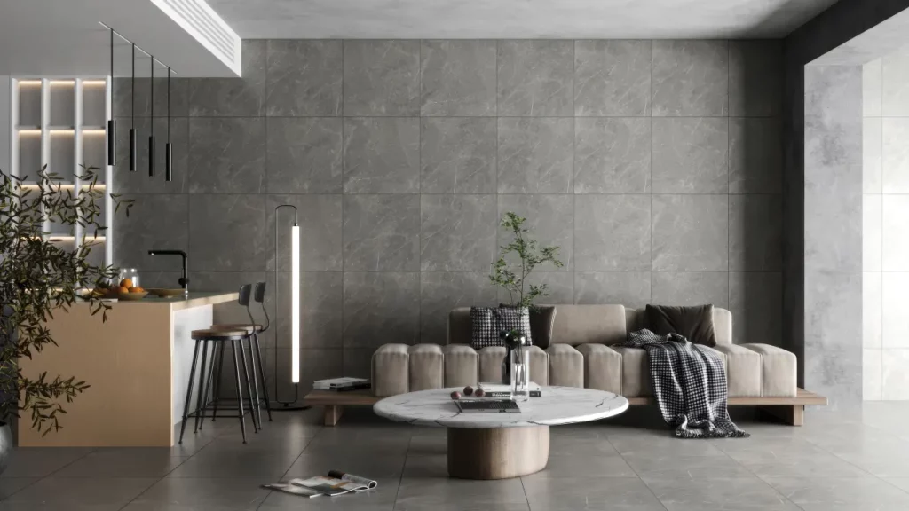 Luxury tile in a open space living room gray themed by O'krent in San Antonio Texas