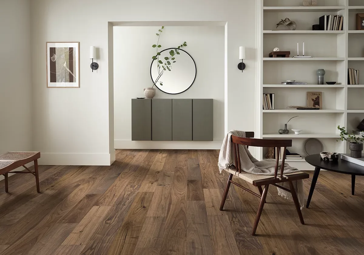 Hardwood with wire-brushed texture in contemporary sitting area with shelving